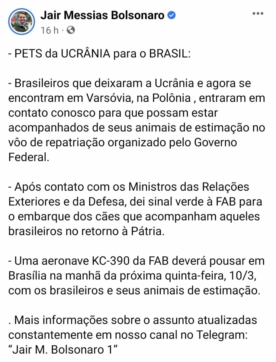 Bolsonaro autoriza FAB a trazer também pets de brasileiros que deixaram a Ucrânia