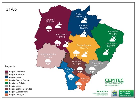 Terça-feira tem previsão de chuva em diferentes regiões do Estado