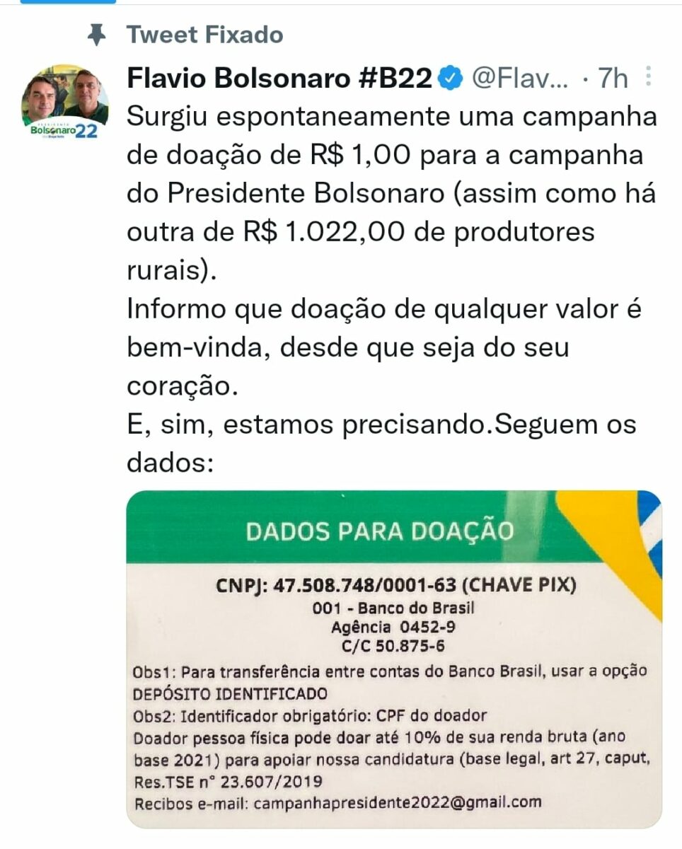 Flávio Bolsonaro confirma que campanha de doação de R$ 1 real é legal