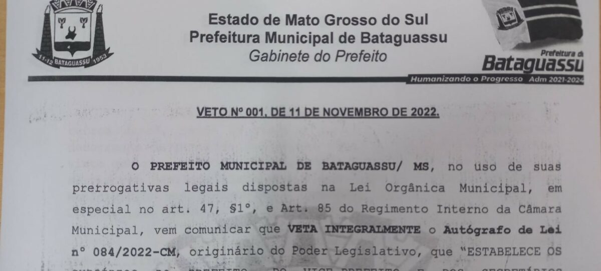 Akira Otsubo veta PL de iniciativa do legislativo que reajustava salário do prefeito de Bataguassu