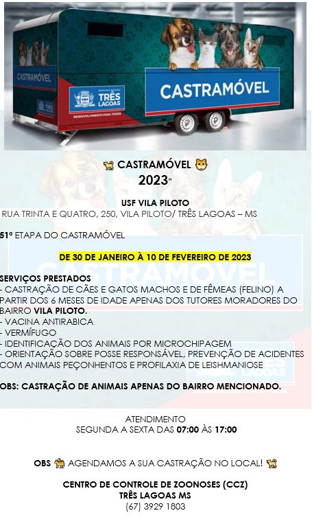 51º Etapa do Castramóvel será na Vila Piloto. Atendimentos iniciam segunda-feira (30)