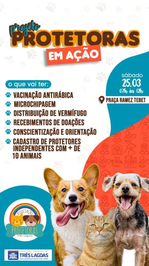 Prefeitura e Protetoras TL promovem ação gratuita para pets neste sábado (25), na Praça Ramez Tebet