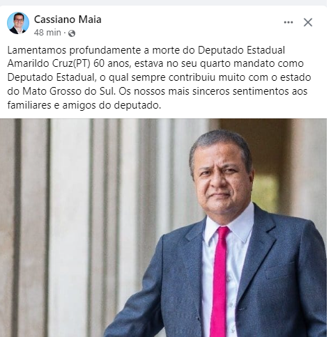 Prefeito de Três Lagoas, Angelo Guerreiro e Presidente da Câmara, Cassiano Maia lamentam morte do deputado Amarildo Cruz