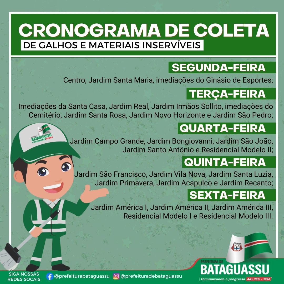 Prefeitura de Bataguassu divulga novo cronograma de coleta de galhos e materiais inservíveis