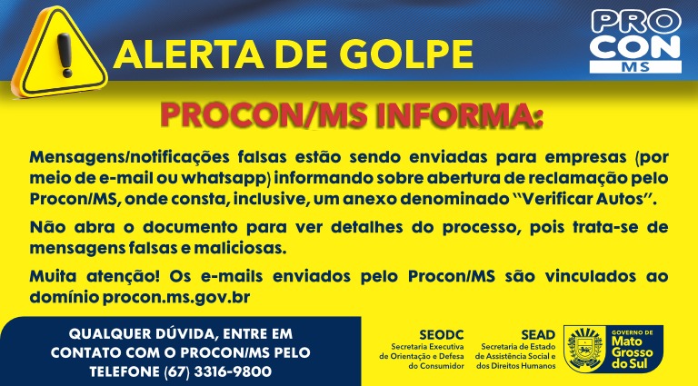 Procon-MS alerta sobre mensagens falsas de notificações a empresas