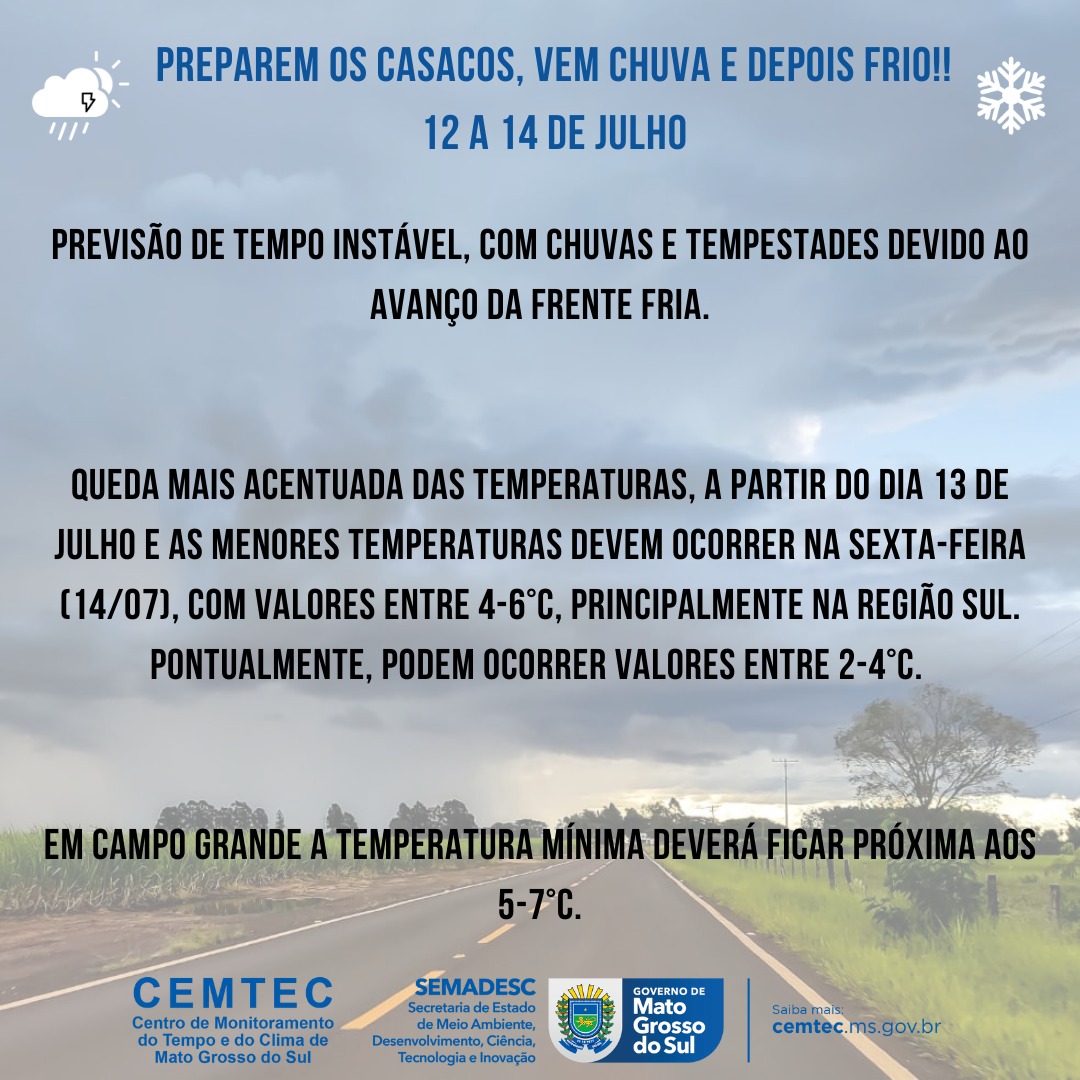 Cemtec alerta para retorno de chuvas e frio a Mato Grosso do Sul na semana que vem