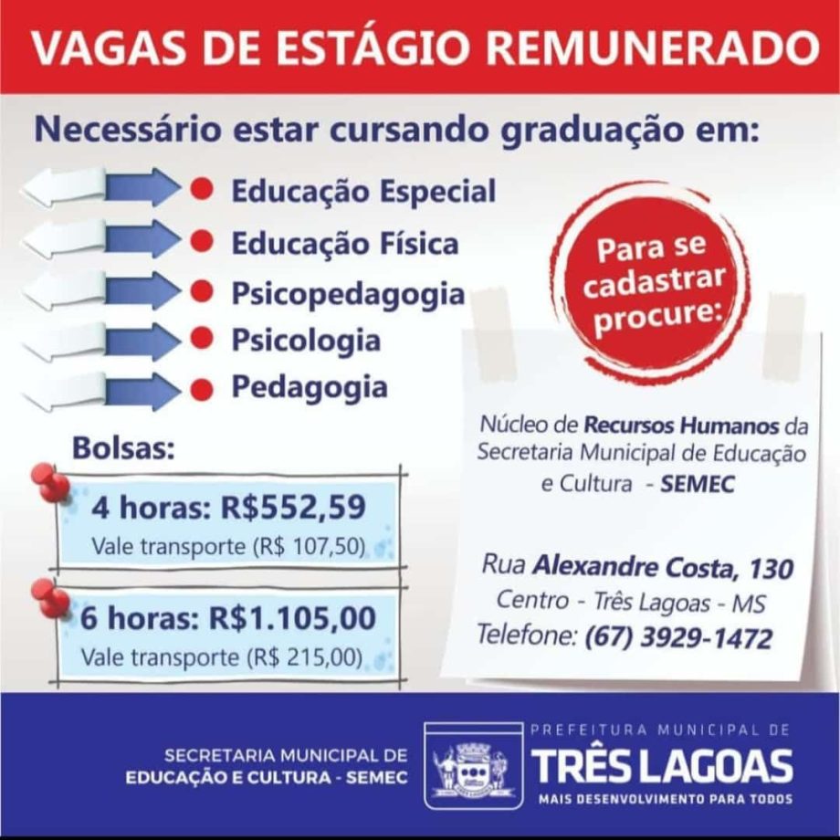 SEMEC está com vagas de estágio para atuar na Rede Municipal de Ensino