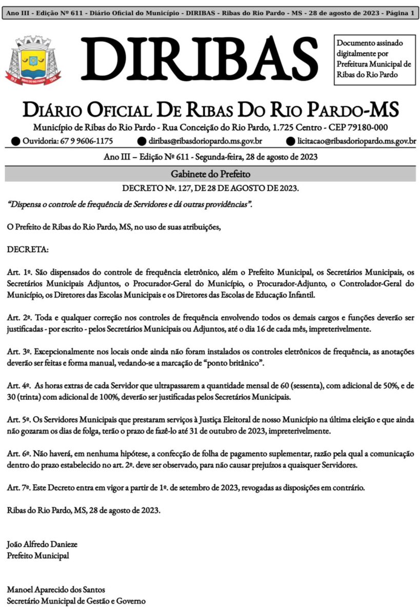 Decreto define quantidade maior de cargos para a marcação do ponto eletrônico em Ribas