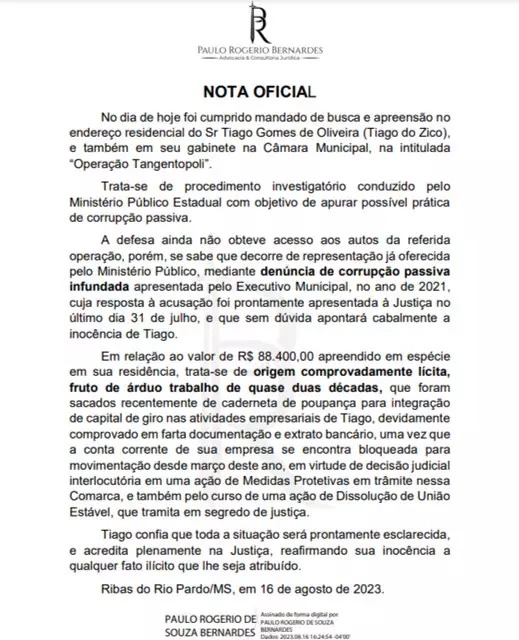 Vereador de Ribas do Rio Pardo afirma que R$ 88.400,00 encontrados na sua casa é “fruto de árduo trabalho”