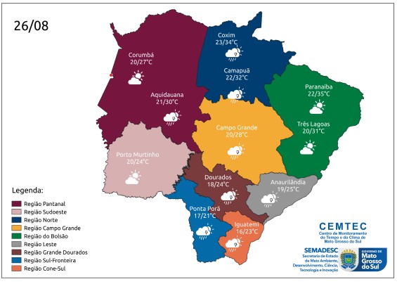 Previsão de chuvas e queda de temperaturas neste sábado em MS
