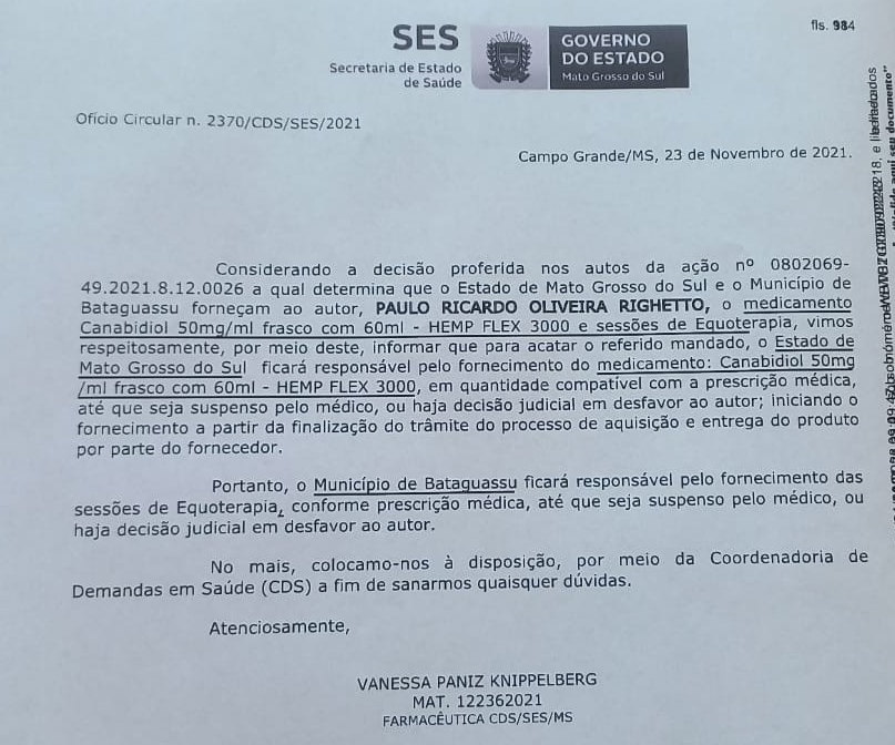 Prefeitura esclarece que responsável pelo fornecimento de Canabidiol para menor autista é o Governo do Estado, conforme acordo judicial