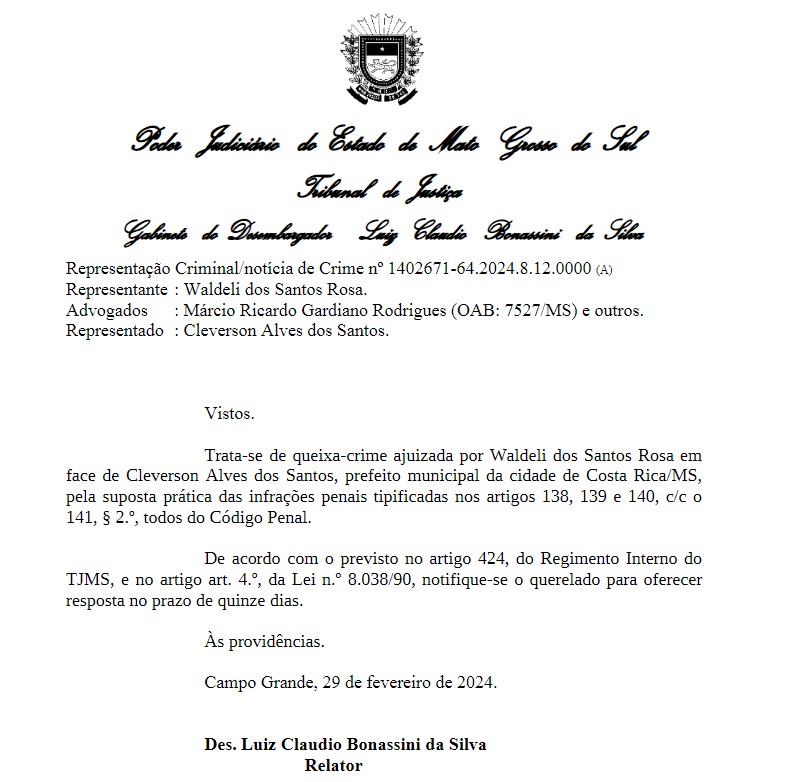 Ex-prefeito Waldeli ajuíza queixa-crime em face do prefeito de Costa Rica, delegado Cleverson