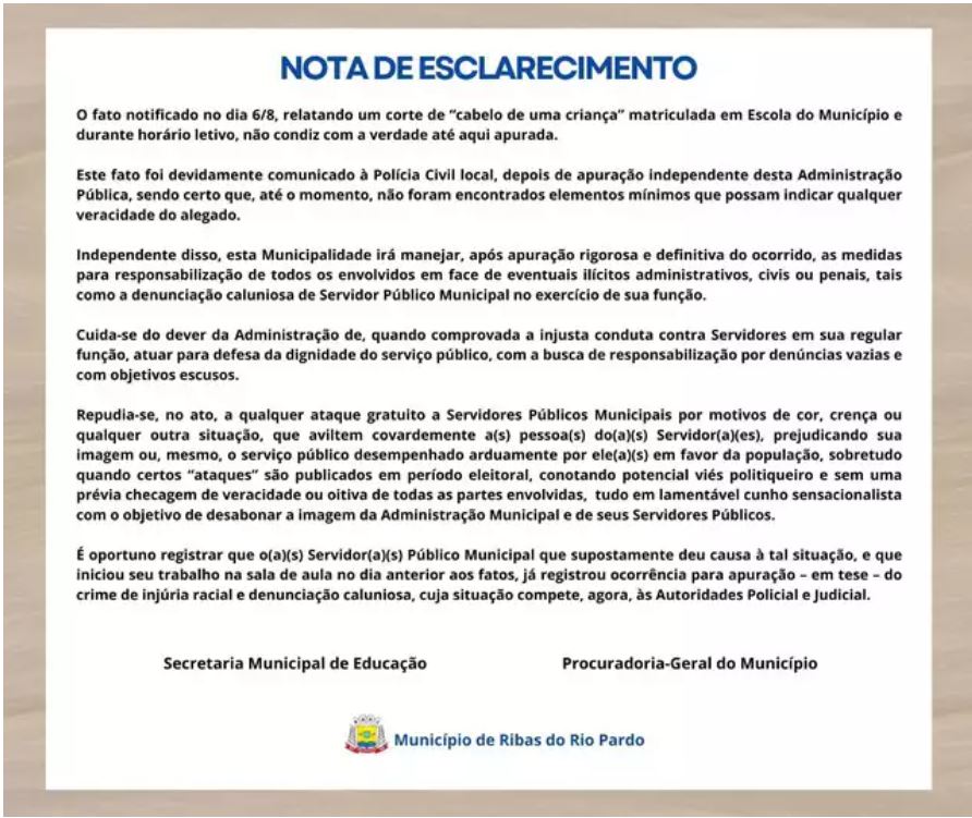 Prefeitura de Ribas do Rio Pardo desmente acusação de mãe sobre corte de cabelo em menina de 4 anos