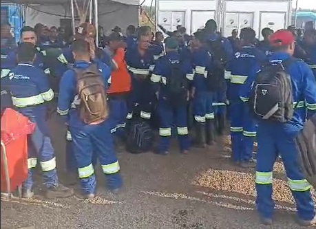 Trabalhadores do Consórcio MLC Aterpa cruzam os braços no canteiro de obras da Arauco