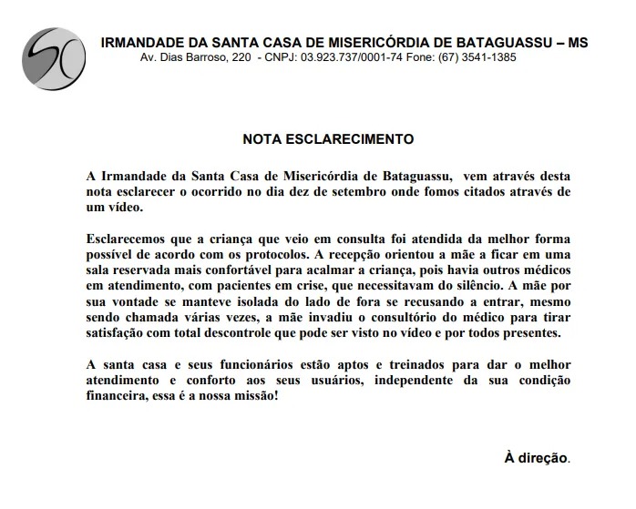 Em nota oficial, Santa Casa de Bataguassu esclarece denúncia de mãe