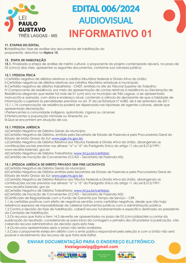 Amanhã (8 de outubro) é o prazo final para envio de documentos dos Editais da Lei Paulo Gustavo