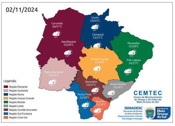 Fim de semana terá tempo instável e previsão de chuva em Mato Grosso do Sul