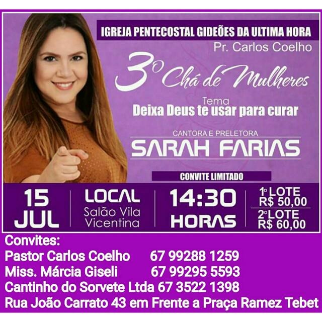 Igreja de Três Lagoas traz Sarah Farias em Chá de Mulheres